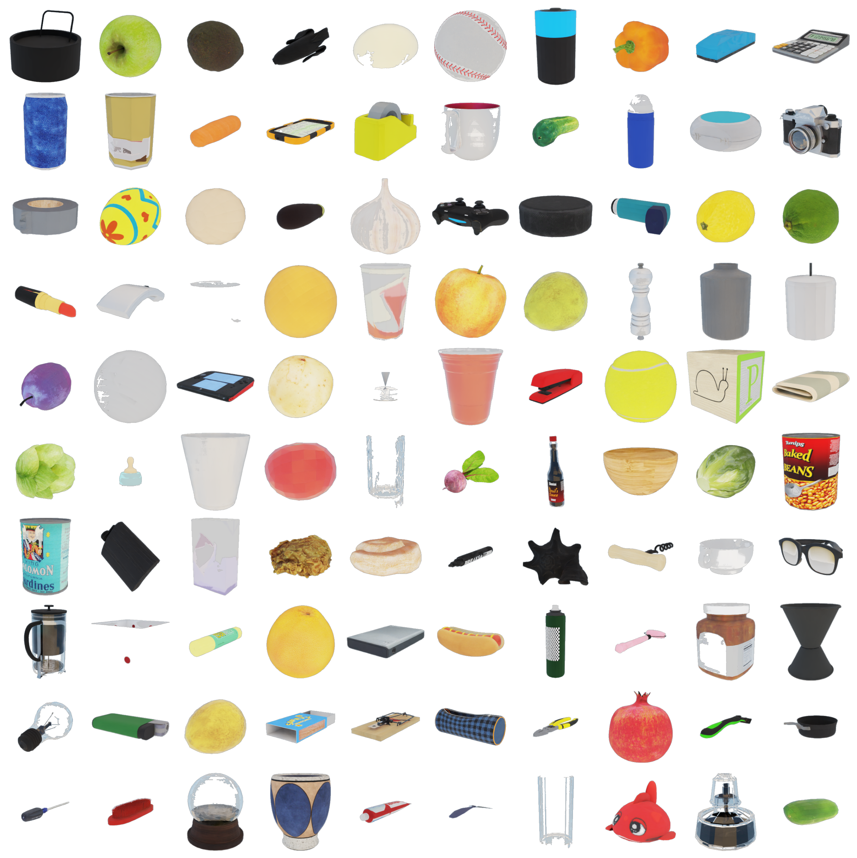 The 100 rigid objects used to evaluate generalization, drawn from the BEHAVIOR object library.